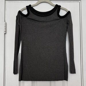 Gray Cold Shoulder Top with Black Leather Trim